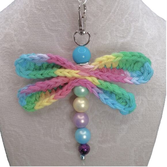 Crochet Dragonfly Pastel Beaded Keychain Handmade Diffuser Purse Charm Bag Clip - Picture 1 of 8